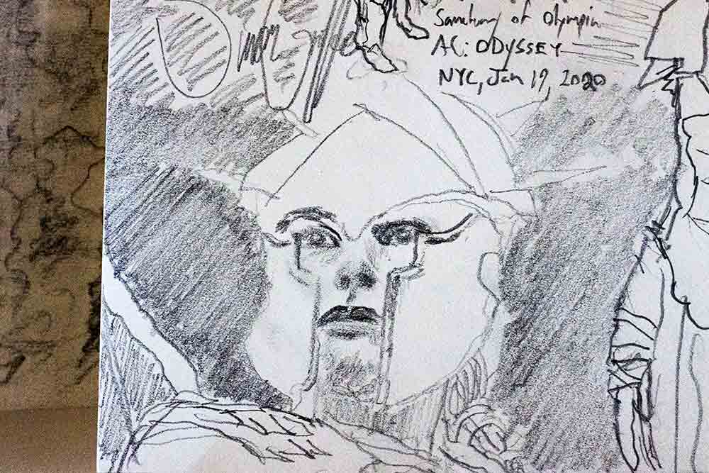 A pencil drawing by Simon Griffee showing a close-up of a woman’s face wearing a helmet from Ancient Greece.