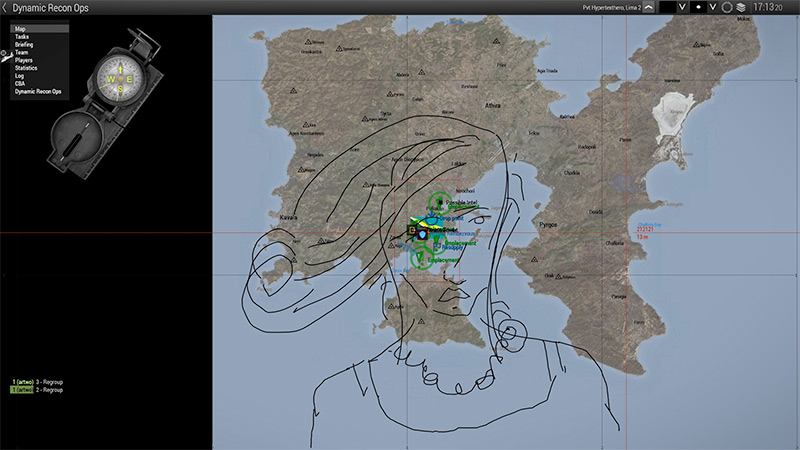 Line drawing of a woman on the Arma 3 Altis map.