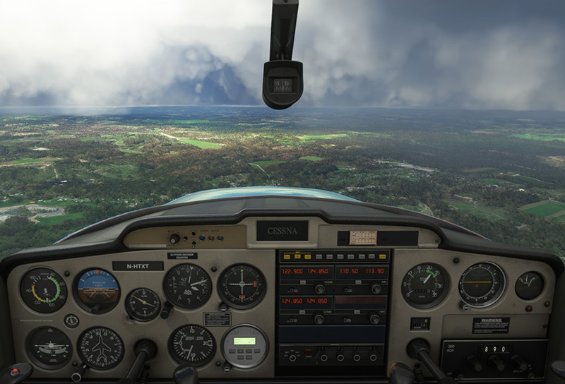 View from the cockpit of a C-152 Aerobat in MSFS.