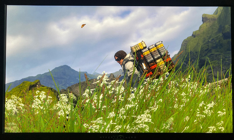 A man with many boxes on his back with a butterfly flying nearby in a field of grass and flowers with mountains and a partly cloudy sky in the distance.