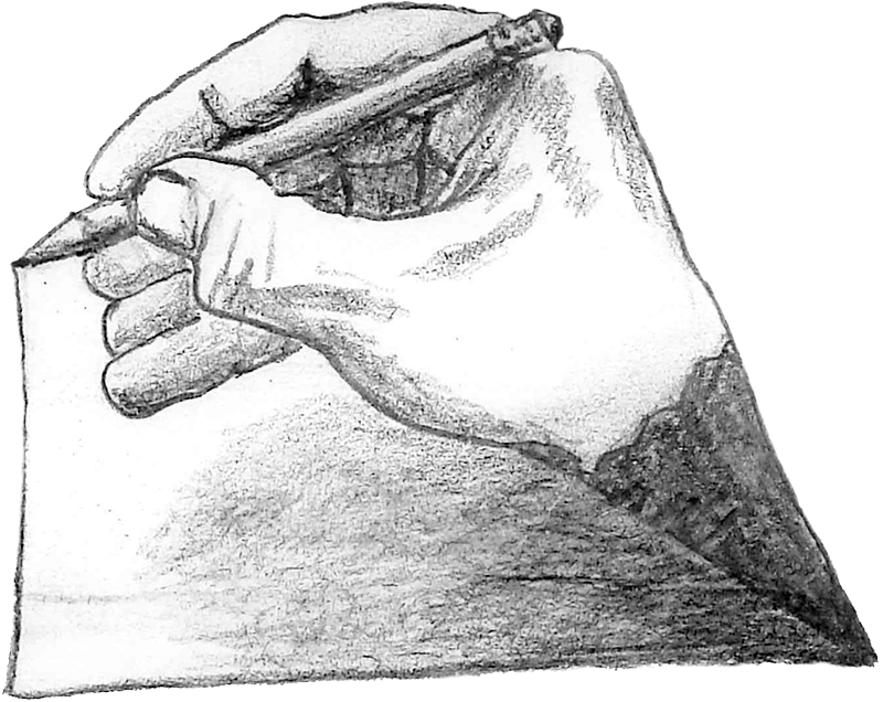 A pencil drawing of a hand drawing a piece of paper that is itself by Hypertexthero.