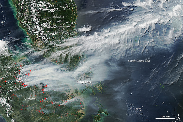 Satellite image from NASA showing smoke from forest fires in Indonesia.