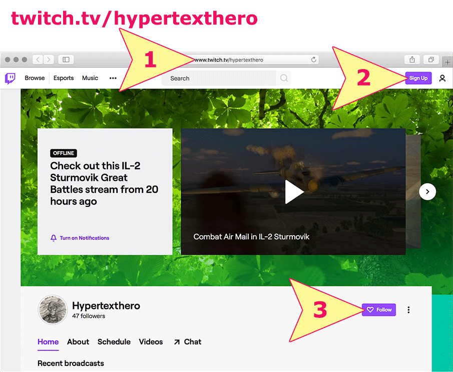 How to follow Hypertexthero on Twitch.