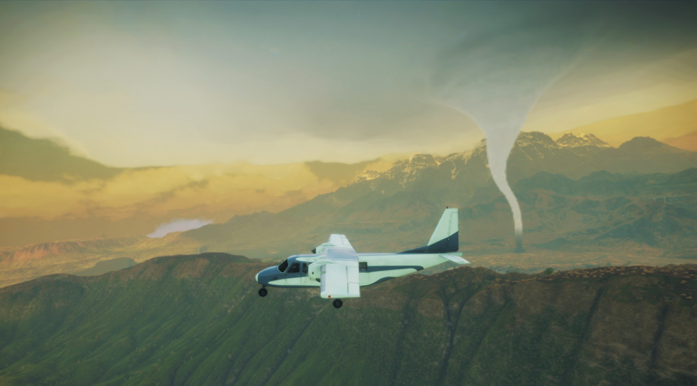 The game’s color palette changes as you fly through weather.