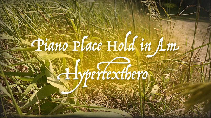 Cursive handwriting letters amid reeds and grasses spelling Piano Place Hold in Am, Hypertexthero
