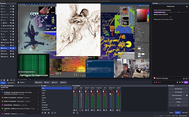 A screenshot showing the slideshow running in OBS with Photoshop, Terminal, and Textmate open at HyperTextHero’s.