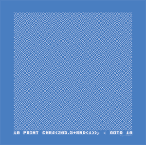 A classic one-line Commodore 64 BASIC program that generates random labyrinths: 10 PRINT CHR$(205.5+RND(1)); : GOTO 10