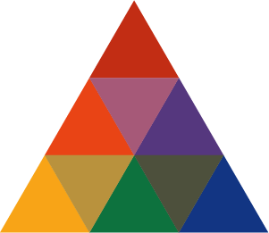An equilateral triangle made of nine smaller triangles of primary colors, secondary colors, and tertiary colors. After the color theory work of Joseph Albers.