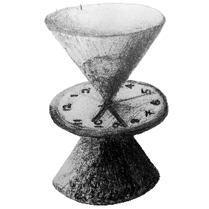 A pencil drawing I made to represent “time” and remind myself that there is only now. No past, no future, just the present moment. It shows a clock with two funnels above and below it, with sand inside.