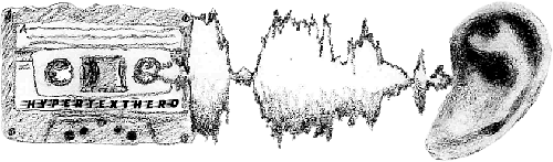 A drawing of a casette tape with sound waves going into a human ear by HyperTextHero.