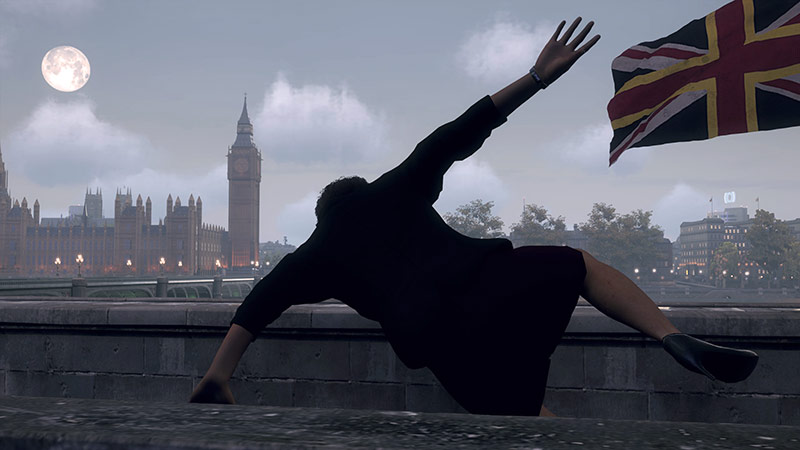 Woman with heels jumping down urban spaces with moon, Union Jack, and Big Ben.